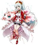  absurdly_long_hair brooch crossover fish frills full_body gen_1_pokemon goldeen green_eyes grey_hair horn jewelry lailah_(tales) liel_(andaniel) long_hair poke_ball pokemon pokemon_(creature) ponytail shoes skirt smile tales_of_(series) tales_of_zestiria very_long_hair 