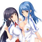  asymmetrical_docking black_hair blue_hair blush breast_press breasts brown_eyes cleavage hair_ribbon impossible_clothes large_breasts long_hair looking_at_viewer multiple_girls no_panties red_eyes ribbon shinozuka_atsuto simple_background smile unbuttoned upper_body white_background 