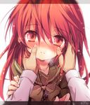  1girl alastor_(shakugan_no_shana) blush breath hands_on_another's_cheeks hands_on_another's_face jewelry kotsu long_hair long_sleeves looking_at_viewer out_of_frame pendant pov pov_hands red_eyes red_hair school_uniform serafuku shakugan_no_shana shana solo_focus sparkle 