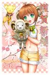  2015 brown_hair cardcaptor_sakura green_eyes happy_new_year highres horns kero kinomoto_sakura midriff mutsuki_(moonknives) navel new_year sheep short_hair shorts yellow_shorts 