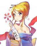  alternate_hairstyle ayase_eli bare_shoulders blonde_hair blue_eyes blush bottle breasts cleavage japanese_clothes kimono long_hair looking_at_viewer love_live! love_live!_school_idol_project medium_breasts off_shoulder sake_bottle smile solo translated ytk_(yutta-p) 