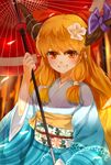  alternate_costume blush bow flower grin hair_bow hair_flower hair_ornament highres horn_ribbon horns ibuki_suika japanese_clothes kimono long_hair looking_at_viewer nishiuri obi orange_eyes orange_hair oriental_umbrella ribbon sash slit_pupils smile solo touhou umbrella 