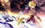  ahoge armor armored_dress artoria_pendragon_(all) blonde_hair dress excalibur fate/stay_night fate_(series) gauntlets green_eyes md5_mismatch saber shengkong_(prank) solo 