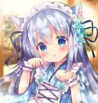  1girl animal_ear_fluff animal_ears bangs blue_eyes blue_flower blue_hair blue_kimono blue_ribbon blurry blurry_background blush cat_ears checkered checkered_kimono chestnut_mouth commentary depth_of_field eyebrows_visible_through_hair flower gochuumon_wa_usagi_desu_ka? hair_between_eyes hair_flower hair_ornament hair_ribbon hands_up head_tilt japanese_clothes kafuu_chino kemonomimi_mode kimono long_hair long_sleeves maid_headdress parted_lips ribbon rikatan sidelocks solo upper_body wa_maid wide_sleeves wrist_cuffs 