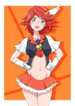  :d adapted_costume blush brooch cure_southern_cross grey_eyes hair_ornament hands_on_hips happinesscharge_precure! heart heart_hair_ornament highres izuna_masaru jewelry magical_girl navel open_mouth orange_background precure red_hair red_skirt short_hair skirt smile solo 