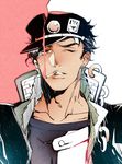  black_hair chain cigarette hat jojo_no_kimyou_na_bouken kuujou_joutarou male_focus one_eye_closed qiangzi smoke solo 