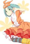  banned_artist dress green_eyes green_hair monogatari_(series) nisemonogatari ononoki_yotsugi pantyhose short_hair striped striped_legwear tsukimonogatari twintails u_(mypace) v_over_eye 