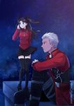  1girl archer black_hair fate/stay_night fate_(series) night niu_illuminator thighhighs toosaka_rin two_side_up white_hair 