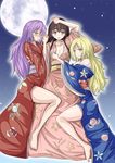  arm_on_head bangs bare_legs bare_shoulders barefoot black_hair blonde_hair blush breasts clothes_lift collarbone floral_print full_moon hair_down holding_hands houraisan_kaguya interlocked_fingers japanese_clothes kimono kimono_lift legs long_hair looking_at_viewer medium_breasts moon multiple_girls obi off_shoulder parted_lips purple_hair sash shamisen_(syami_sen) smile space star_(sky) thighs touhou watatsuki_no_toyohime watatsuki_no_yorihime yuri 