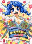  blue_eyes blue_hair breasts cleavage drill_hair floral_print flower hair_flower hair_ornament head_fins japanese_clothes kawachi_koorogi kimono large_breasts looking_at_viewer marker_(medium) obi open_mouth sash solo touhou traditional_media wakasagihime 
