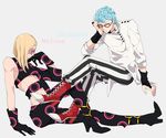  blonde_hair blue_hair boots character_name ghiaccio glasses gloves grey_background high_heel_boots high_heels jojo_no_kimyou_na_bouken long_hair male_focus mask melone multiple_boys pants simple_background sitting striped striped_pants tsumaki vertical-striped_pants vertical_stripes 