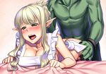  1girl apron bed_sheet bent_over blonde_hair blush braid breasts cleavage doggystyle elf french_braid green_eyes h_kasei hetero large_breasts naked_apron nude open_mouth original pointy_ears sex sheet_grab short_hair solo_focus tongue 