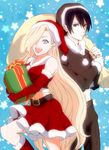  1girl black_hair blonde_hair blue_eyes boots couple elbow_gloves gift gloves hair_over_one_eye hat hetero knee_boots long_hair naruto naruto_(series) naruto_shippuuden ono_nozomi_(kinoko) red_footwear red_gloves sack sai_(naruto) santa_boots santa_costume santa_hat short_hair smile yamanaka_ino 