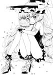  ankle_cuffs bare_shoulders blush bow dress greyscale hat hat_bow high_heels kirisame_marisa knees_together_feet_apart long_hair looking_at_viewer monochrome sitting smile solo touhou witch_hat wminiminiw wrist_cuffs 