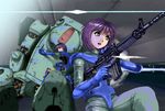  assault_rifle black_hair blue_eyes broken elbow_gloves gloves gun highres holding holding_gun holding_weapon m4_carbine mecha multiple_girls pork_(fordfairlane) purple_hair rifle scopedog short_hair soukou_kihei_votoms trigger_discipline weapon 