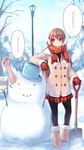 ankle_boots arm_support black_legwear boots breath brown_hair bucket coat comic earmuffs ellipse fur_boots highres long_hair mittens original outstretched_arm pantyhose red_eyes scarf shovel skirt smile snow snowman solo tree trembling ugg_boots yatsuashi_matomo 