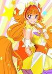  absurdres amanogawa_kirara amawa_kazuhiro arm_behind_back arm_garter bangs bare_shoulders blunt_bangs blush breasts commentary_request cure_twinkle detached_collar dress earrings finger_to_mouth from_side gloves go!_princess_precure gradient_hair hair_ribbon highres jewelry light_smile long_hair looking_at_viewer low_twintails magical_girl multicolored_hair orange_hair precure purple_eyes red_hair ribbon scrunchie small_breasts smile solo star star_earrings strapless strapless_dress tiara twintails two-tone_hair very_long_hair white_gloves yellow_dress 