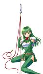  armor bad_id bad_pixiv_id belt boots elbow_gloves fire_emblem fire_emblem:_monshou_no_nazo gloves green_eyes green_footwear green_hair green_skirt hanasaki_komugi headband long_hair paola pegasus_knight polearm simple_background sitting skirt solo spear thighhighs wariza weapon white_background 