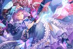  arm_ribbon bug butterfly cherry_blossoms copyright_name hat hitodama insect japanese_clothes long_sleeves obi perfect_cherry_blossom petals pink_eyes pink_hair ribbon saigyouji_yuyuko sash shoes short_hair smile solo touhou triangular_headpiece wide_sleeves yui_(reyonfeb16th) 
