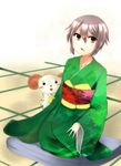  a.ringo brown_eyes character_request crossover cushion grey_hair highres japanese_clothes kimono nagato_yuki sheep short_hair suzumiya_haruhi_no_yuuutsu 