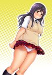 1girl blush breasts brown_eyes highres long_hair mikan_kougyou original panties plump purple_hair skirt skirt_lift solo standing thick_thighs thighs underwear wide_hips 