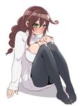  blush braid breasts brown_hair cleavage cleavage_cutout green_eyes hanauna kantai_collection large_breasts leg_hug long_hair meme_attire noshiro_(kantai_collection) open-chest_sweater pantyhose ribbed_sweater single_braid sitting solo sweater turtleneck 