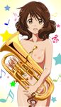  breasts brown_hair convenient_censoring euphonium gentoku hibike!_euphonium highres instrument looking_at_viewer medium_breasts musical_note nude oumae_kumiko smile solo thigh_gap wavy_hair yellow_eyes 