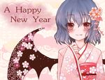  alternate_costume bat_wings blue_hair blush cherry_blossoms fang floral_print flower hair_flower hair_ornament happy_new_year japanese_clothes kimono new_year no_hat no_headwear raayu_(meltaway) red_eyes remilia_scarlet solo touhou upper_body wings 