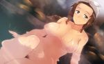  1girl arm_support bathing breasts brown_eyes brown_hair collarbone em inverted_nipples large_breasts long_hair navel nude onsen partially_submerged pubic_hair sitting smile solo strike_witches takei_junko tied_hair towel wet world_witches_series 