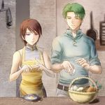  1girl apron bad_id bad_pixiv_id basket brown_hair carrot closed_eyes cooking egg fire_emblem fire_emblem:_akatsuki_no_megami fire_emblem:_souen_no_kiseki hanasaki_komugi oscar potato purple_eyes short_hair signature tanith 