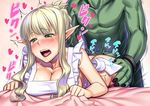  1girl apron bed_sheet bent_over blonde_hair blush braid breasts cleavage doggystyle elf french_braid green_eyes h_kasei hetero large_breasts naked_apron nude open_mouth original pointy_ears sex sheet_grab short_hair solo_focus sweat tears tongue trembling 