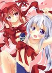  blue_eyes collarbone hata_no_kokoro heart kuzumomo long_hair mononobe_no_futo multiple_girls naked_ribbon pink_eyes pink_hair ribbon silver_hair touhou 