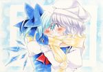  blue_background blue_eyes blue_hair blush bow cirno face-to-face hair_bow hand_on_another's_face hat ice ice_wings letty_whiterock long_sleeves mittens multiple_girls puffy_sleeves scarf shared_scarf short_hair silver_hair smile touhou upper_body wings wminiminiw yellow_scarf 