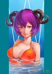  2015 absurdres artist_name breasts cleavage collarbone covered_nipples dated highres horns large_breasts looking_at_viewer orange_eyes original parted_lips partially_submerged purple_hair reflection reisun001 short_hair signature sketch smile solo strap_gap upper_body water 