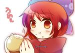  bad_id bad_pixiv_id blush bow cape eating face food food_on_face hair_bow hamburger mcdonald's nakukoroni red_eyes red_hair sekibanki short_hair simple_background solo touhou translated upper_body white_background 