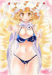  bare_legs blonde_hair blush bra breasts cleavage cowboy_shot fox_tail hat hat_ornament large_breasts looking_at_viewer midriff multiple_tails navel open_mouth panties pillow_hat pink_background short_hair solo tail touhou underwear wminiminiw yakumo_ran yellow_eyes 