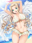  aqua_eyes arms_up ball beach beachball bikini blonde_hair blush breasts cleavage day drill_hair feathers front-tie_top halo highres large_breasts long_hair moneti_(daifuku) open_mouth original shiny shiny_skin side-tie_bikini smile solo swimsuit thigh_gap very_long_hair white_wings wings 