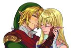  1girl blonde_hair blue_eyes cape closed_eyes earrings gloves hylia jewelry link long_hair pointy_ears shoulder_pads smile soraaya_giima the_legend_of_zelda the_legend_of_zelda:_skyward_sword 