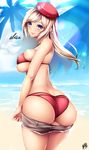  alisa_ilinichina_amiella ass ass_support bare_shoulders beach bikini blonde_hair blue_eyes breasts character_name cowboy_shot day from_behind god_eater god_eater_2:_rage_burst hat highres large_breasts long_hair looking_at_viewer red_bikini signature skindentation smile solo swimsuit watanuki_kaname 