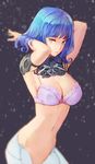  armlet armpits arms_up bad_id bad_pixiv_id blue_eyes blue_hair blurry bra breasts cleavage collar depth_of_field hidezi hips large_breasts lingerie midriff navel original out-of-frame_censoring pink_bra purple_bra short_hair solo standing underwear white_legwear 