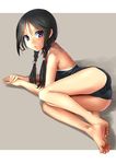  ass barefoot black_hair blue_eyes braid derivative_work feet full_body hair_over_shoulder katahira_masashi looking_at_viewer lying on_side one-piece_swimsuit original school_swimsuit soles solo swimsuit toes twin_braids 