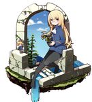  amelie_planchard animal_ears ascot black_legwear blonde_hair blue_sky blush bunny_ears bunny_tail chibi cloud day glasses grass holding house kinakomoti long_hair long_sleeves military military_uniform multiple_girls pantyhose perrine_h_clostermann pine_tree plant pot sitting sky smile solo_focus strike_witches tail thighhighs tree uniform vines water world_witches_series 