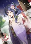  ahoge alternate_costume commentary_request flower hair_flower hair_ornament japanese_clothes kantai_collection kimono nerokuro new_year praying purple_hair solo taigei_(kantai_collection) temple twitter_username 