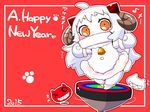  2015 adapted_costume ahoge alternate_costume animal_costume chinese_zodiac happy_new_year horns kantai_collection long_hair looking_at_viewer mittens new_year northern_ocean_hime orange_eyes pale_skin sako_(bosscoffee) sheep_costume sheep_horns shinkaisei-kan smile translated white_hair year_of_the_goat 