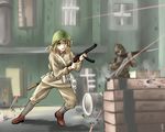  1girl bag bandaged_leg bandages battle bayonet belt belt_pouch blonde_hair blurry bolt_action boots building city commentary depth_of_field drum_(container) explosive firing full_body garrison_cap grenade gun hat helmet holding holding_gun holding_weapon long_hair longmei_er_de_tuzi military military_hat military_uniform mosin-nagant open_mouth outdoors pouch ppsh-41 red_orchestra red_orchestra_2 rifle running russia sam_browne_belt short_hair shoulder_bag shovel soldier solo_focus soviet standing submachine_gun uniform upper_body war weapon world_war_ii 