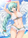  aqua_eyes aqua_hair armpits arms_up ball beach beachball bikini blush braid breasts cleavage day feathers front-tie_top halo highres large_breasts long_hair moneti_(daifuku) navel open_mouth original shiny shiny_skin side-tie_bikini single_braid smile solo swimsuit thigh_gap very_long_hair white_wings wings 