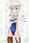  ascot blue_eyes blush braid breasts bunnysuit cowboy_shot detached_collar expressionless fishnet_legwear fishnets garter_straps izayoi_sakuya knife medium_breasts short_hair silver_hair solo thighhighs touhou twin_braids wminiminiw wrist_cuffs 