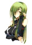  bare_shoulders blush breast_hold breasts c.c. code_geass covered_nipples detached_sleeves green_hair hair_over_one_eye impossible_clothes large_breasts long_hair long_sleeves ro-ga_(kurumaya) simple_background sleeves_past_wrists solo white_background yellow_eyes 