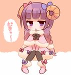  alternate_costume bow braid hair_bow hair_ribbon horns long_hair looking_at_viewer marshmallow_mille mukyuu patchouli_knowledge purple_eyes purple_hair ribbon sheep_horns sitting solo touhou translated twin_braids v_arms 
