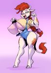  anthro big_breasts bigdad bovine breasts cattle clothed clothing curvaceous female flashing huge_breasts looking_at_viewer mammal nipples open_mouth smile solo standing thick_thighs 